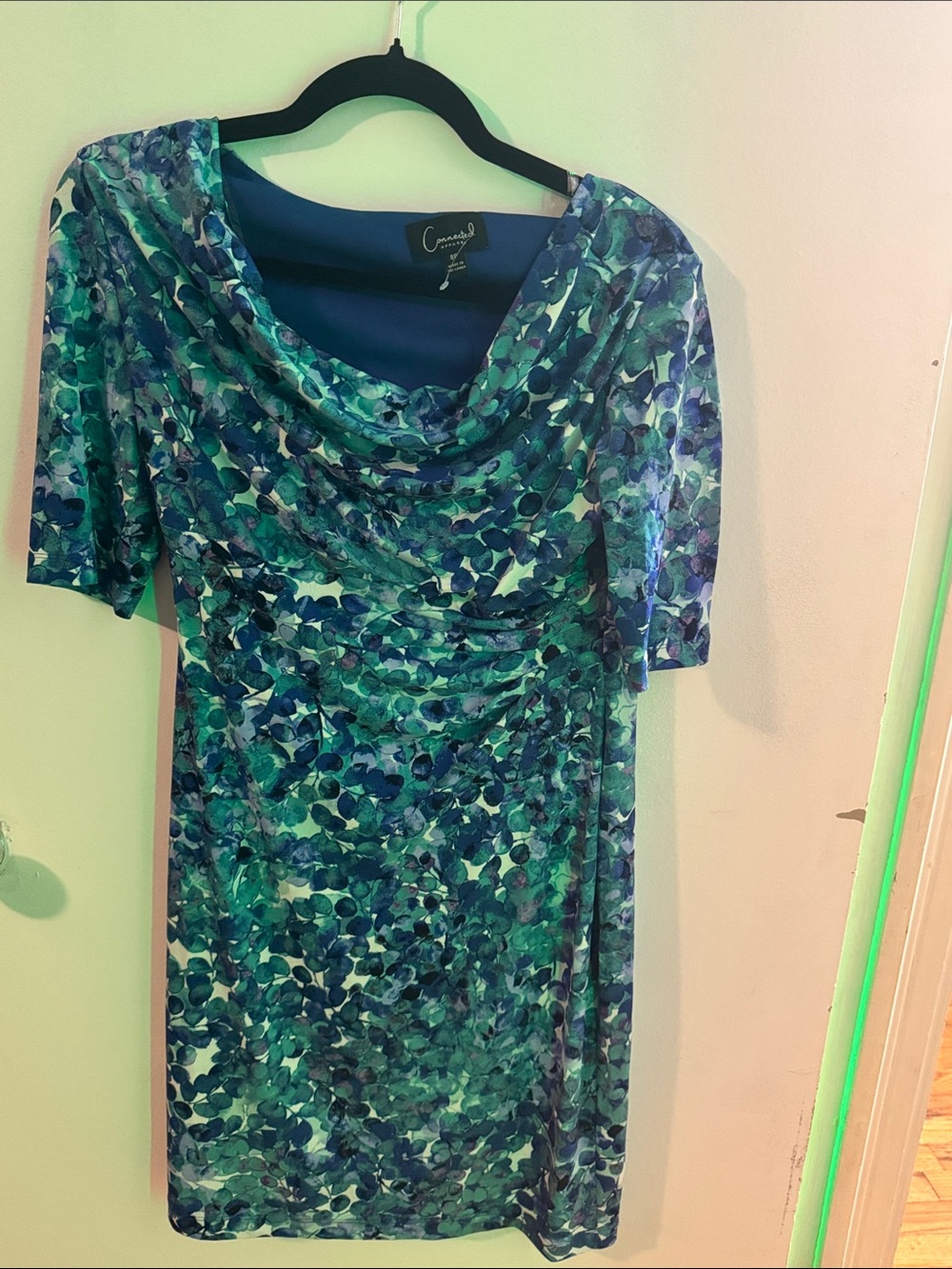 Cynthia Rowley Blue & Green Printed Cowl Neck Mini Dress